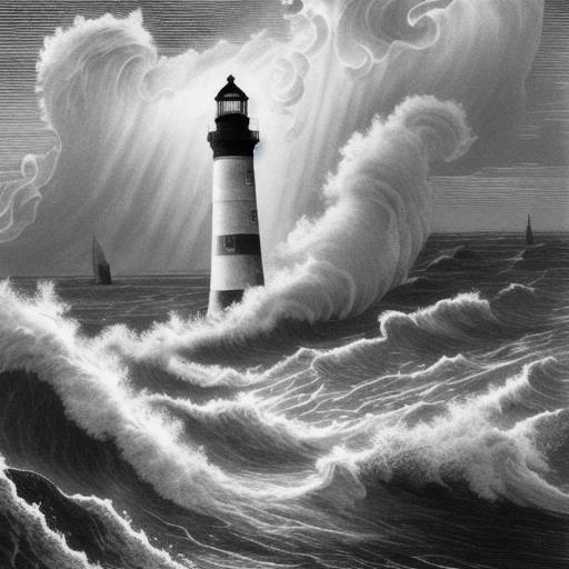 675265716-An old lighthouse against the backdrop of a raging sea. Antique black and white engraving from the Middle Ages. Gustave Dore.webp